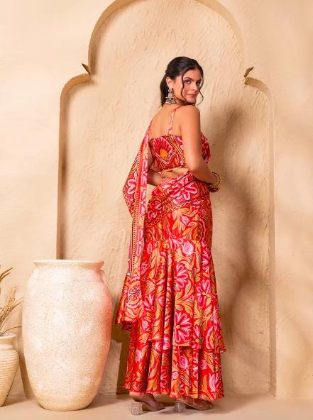 Pre Draped Double Layer Ready To Wear Saree, Crop Top & Skirt With Attached Dupatta Co-ord Set, Ethnic Indo Western Outfit, Lehenga Choli17 EtsyImport