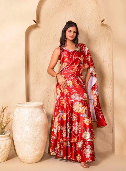 Pre Draped Double Layer Ready To Wear Saree, Crop Top & Skirt With Attached Dupatta Co-ord Set, Ethnic Indo Western Outfit, Lehenga Choli17 EtsyImport