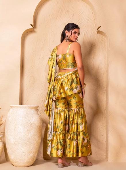 Ready To Wear Saree, Ethnic Printed Crop Top & Palazzo With Attached Dupatta Co-ord Set, Ethnic Indo Western Fusion Outfit, Lehenga Choli23 EtsyImport