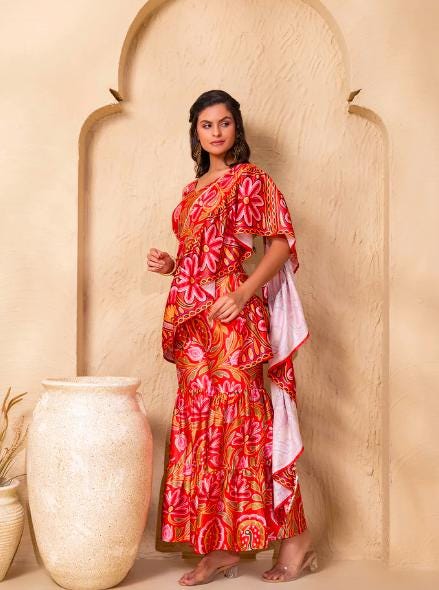 Ready To Wear Saree, Ethnic Printed Crop Top & Palazzo With Attached Dupatta Co-ord Set, Ethnic Indo Western Fusion Outfit, Lehenga Choli23 EtsyImport