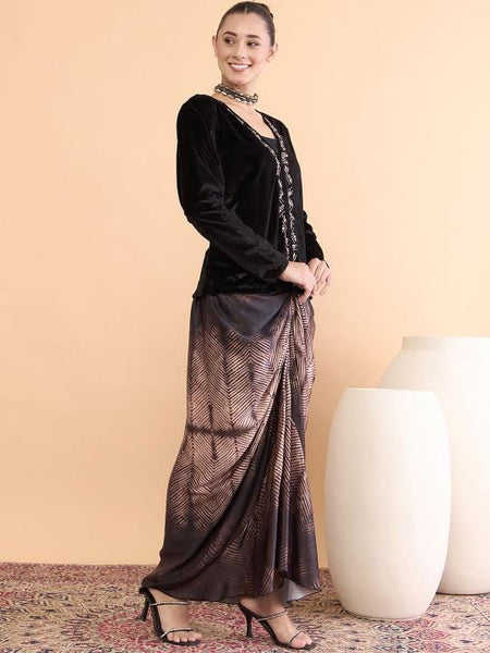 Black Embellished Jacket With Draped Skirt Set For Women, Indian Jacket with Dhoti Skirt Set, Ethnic Indo Western Fusion Outfit, Coords VitansEthnics