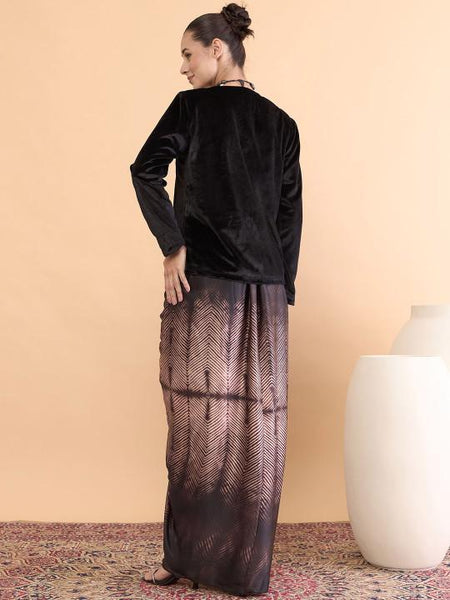 Black Embellished Jacket With Draped Skirt Set For Women, Indian Jacket with Dhoti Skirt Set, Ethnic Indo Western Fusion Outfit, Coords VitansEthnics