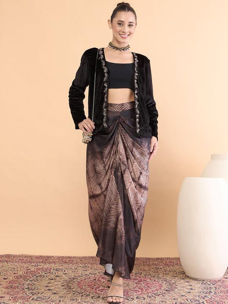 Black Embellished Jacket With Draped Skirt Set For Women, Indian Jacket with Dhoti Skirt Set, Ethnic Indo Western Fusion Outfit, Coords VitansEthnics