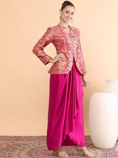 Brocade V-Neck Top With Drape Skirt Set For Women, Indian Top with Dhoti Skirt Set, Ethnic Indo Western Outfit, Coords Set, Indian Dress29 EtsyImport