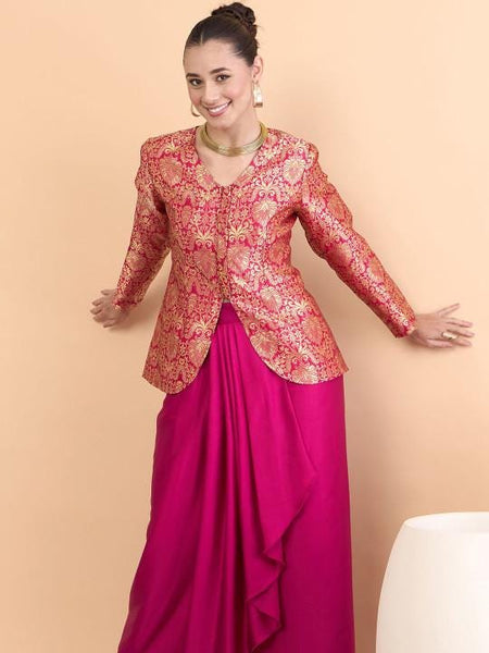 Brocade V-Neck Top With Drape Skirt Set For Women, Indian Top with Dhoti Skirt Set, Ethnic Indo Western Outfit, Coords Set, Indian Dress29 EtsyImport