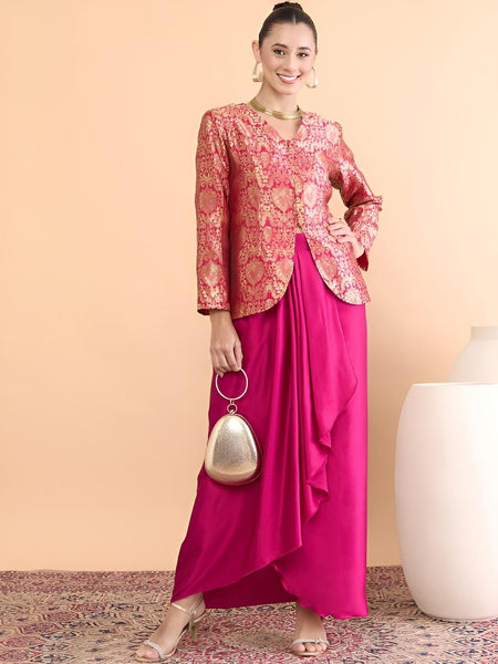 Brocade V-Neck Top With Drape Skirt Set For Women, Indian Top with Dhoti Skirt Set, Ethnic Indo Western Outfit, Coords Set, Indian Dress29 EtsyImport