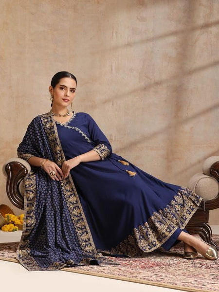 Ethnic Motifs Angrakha Kurta with Trousers & Dupatta Set For Women VitansEthnics