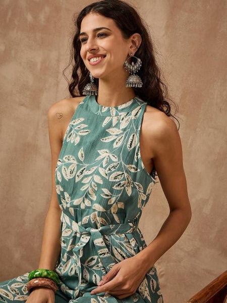 Floral Printed Halter Neck Sleeveless Jumpsuit For Women, Indian Jumpsuit, Indian One Piece Dress, Indo Western Outfit, Fusion Outfit33 EtsyImport
