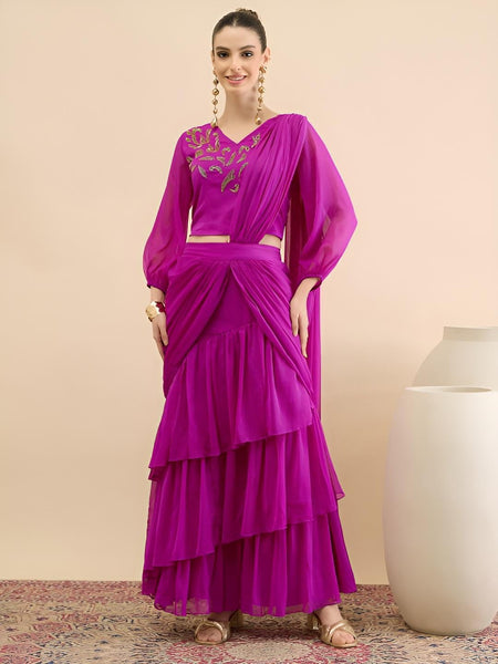 Embellished Crop Top & Draped Skirt Set For Women, Wedding Guest Ethnic Indo Western Outfit, Ready To Wear Saree VitansEthnics