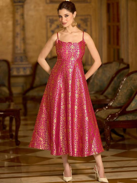 Ethnic Motifs Jacquard Backless Fit & Flare Midi Dress For Women, Sleeveless Indian Dress, Fusion Wedding Guest Indo Western Outfit VitansEthnics