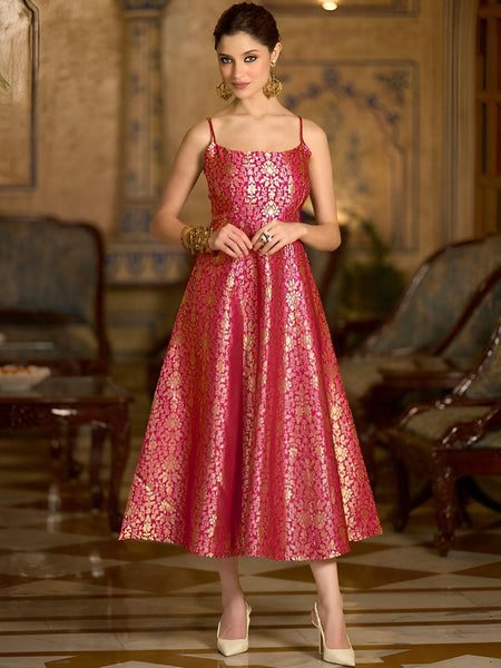 Ethnic Motifs Jacquard Backless Fit & Flare Midi Dress For Women, Sleeveless Indian Dress, Fusion Wedding Guest Indo Western Outfit VitansEthnics