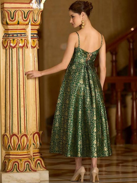 Ethnic Motifs Jacquard Backless Fit & Flare Midi Dress For Women, Sleeveless Indian Dress, Fusion Wedding Guest Indo Western Outfit VitansEthnics