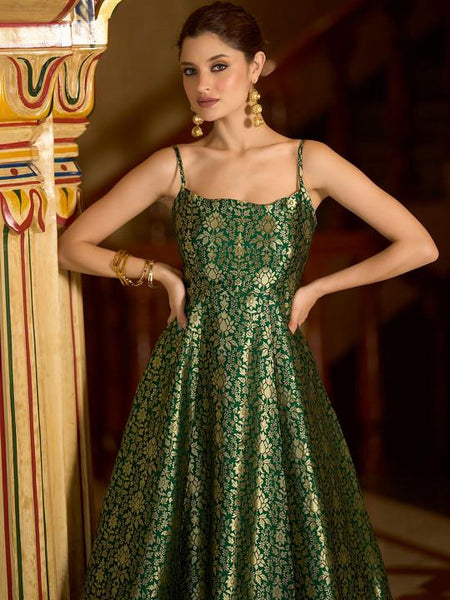 Ethnic Motifs Jacquard Backless Fit & Flare Midi Dress For Women, Sleeveless Indian Dress, Fusion Wedding Guest Indo Western Outfit VitansEthnics
