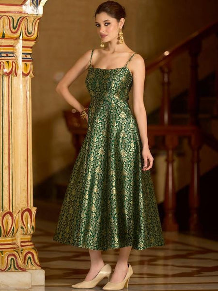 Ethnic Motifs Jacquard Backless Fit & Flare Midi Dress For Women, Sleeveless Indian Dress, Fusion Wedding Guest Indo Western Outfit VitansEthnics