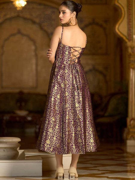 Ethnic Motifs Jacquard Backless Fit & Flare Midi Dress For Women, Sleeveless Indian Dress, Fusion Wedding Guest Indo Western Outfit VitansEthnics