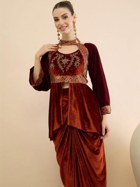 Embellished Top With Drape Skirt Set For Women, Indian Top with Dhoti Skirt Set, Ethnic Indo Western Outfit, Coords Set VitansEthnics