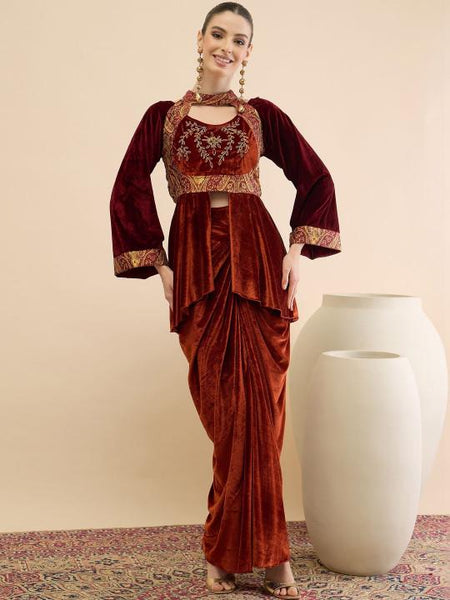 Embellished Top With Drape Skirt Set For Women, Indian Top with Dhoti Skirt Set, Ethnic Indo Western Outfit, Coords Set VitansEthnics