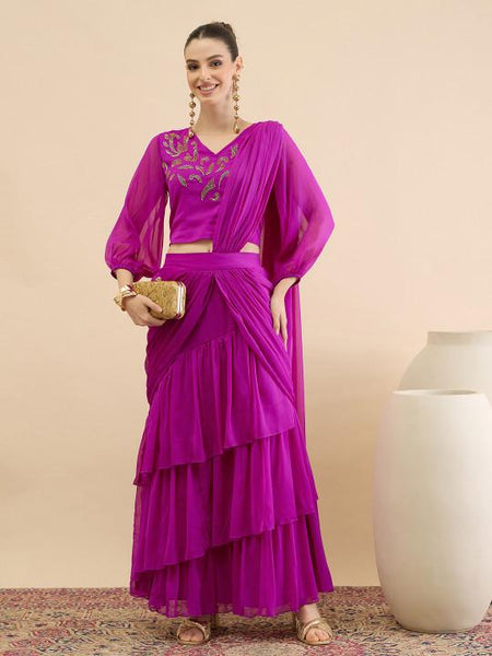 Embellished Crop Top & Draped Skirt Set For Women, Wedding Guest Ethnic Indo Western Outfit, Ready To Wear Saree VitansEthnics
