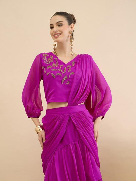 Embellished Crop Top & Draped Skirt Set For Women, Wedding Guest Ethnic Indo Western Outfit, Ready To Wear Saree VitansEthnics