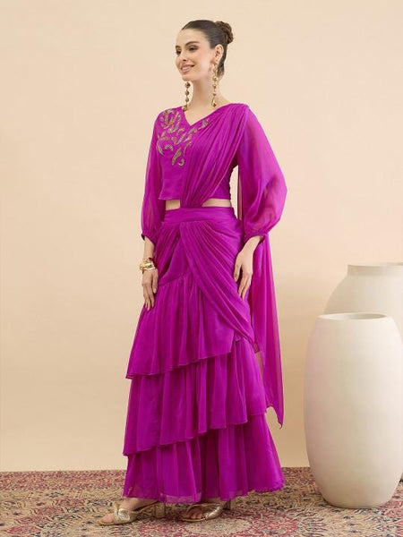 Embellished Crop Top & Draped Skirt Set For Women, Wedding Guest Ethnic Indo Western Outfit, Ready To Wear Saree VitansEthnics