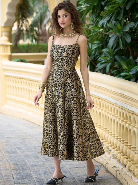 Ethnic Motifs Jacquard Backless Fit & Flare Midi Dress For Women, Sleeveless Indian Dress, Fusion Wedding Guest Indo Western Outfit VitansEthnics