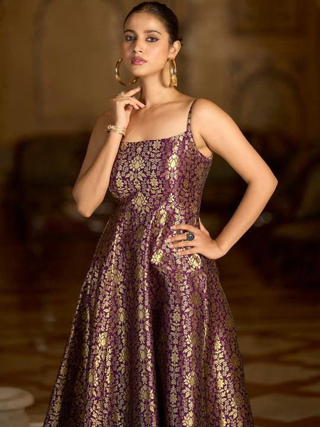 Ethnic Motifs Jacquard Backless Fit & Flare Midi Dress For Women, Sleeveless Indian Dress, Fusion Wedding Guest Indo Western Outfit VitansEthnics