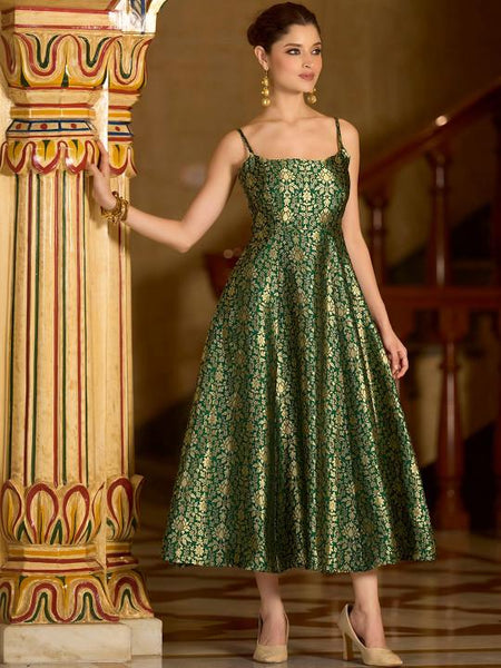 Ethnic Motifs Jacquard Backless Fit & Flare Midi Dress For Women, Sleeveless Indian Dress, Fusion Wedding Guest Indo Western Outfit VitansEthnics