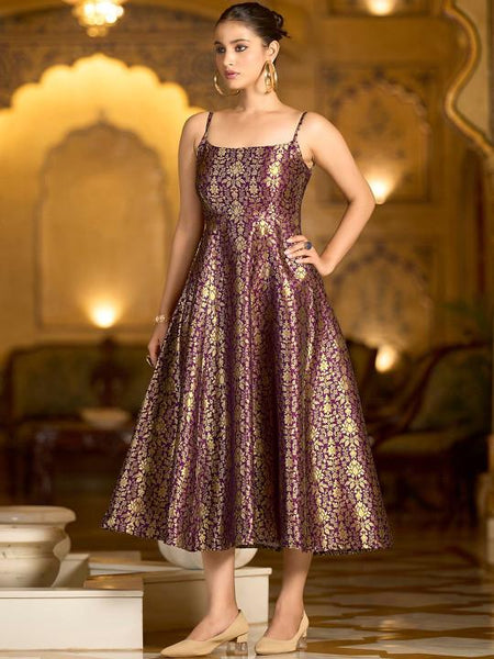 Ethnic Motifs Jacquard Backless Fit & Flare Midi Dress For Women, Sleeveless Indian Dress, Fusion Wedding Guest Indo Western Outfit VitansEthnics