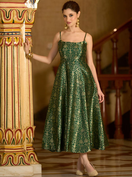 Ethnic Motifs Jacquard Backless Fit & Flare Midi Dress For Women, Sleeveless Indian Dress, Fusion Wedding Guest Indo Western Outfit VitansEthnics