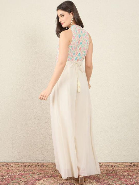 Embroidered Halter Neck Sleeveless Jumpsuit For Women, Indian Jumpsuit One Piece Dress, Fusion Indo Western Outfit VitansEthnics