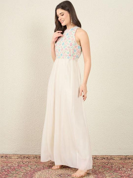 Embroidered Halter Neck Sleeveless Jumpsuit For Women, Indian Jumpsuit One Piece Dress, Fusion Indo Western Outfit VitansEthnics