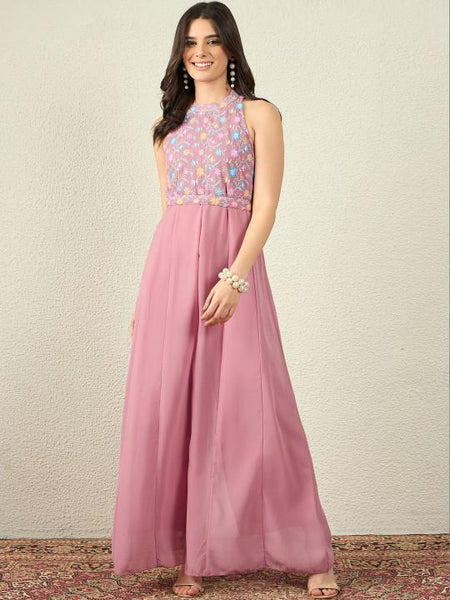 Embroidered Halter Neck Sleeveless Jumpsuit For Women, Indian Jumpsuit One Piece Dress, Fusion Indo Western Outfit VitansEthnics