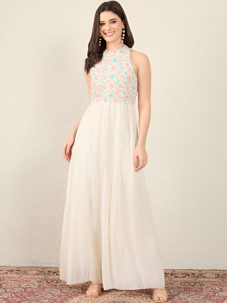 Embroidered Halter Neck Sleeveless Jumpsuit For Women, Indian Jumpsuit One Piece Dress, Fusion Indo Western Outfit VitansEthnics