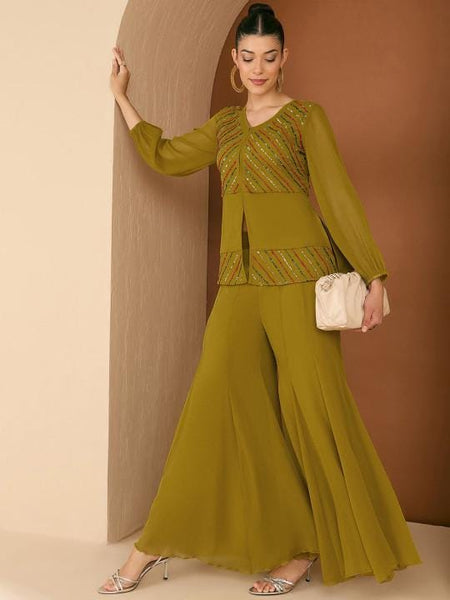 Embellished Top With Palazzo Co-Ords Set For Women, Fusion Indo Western Outfit, Ethnic Indian Wedding Guest Outfit VitansEthnics