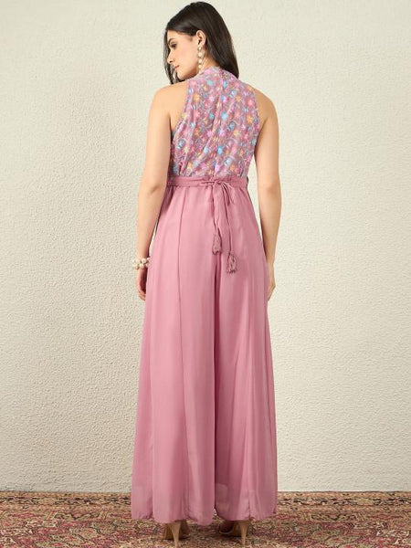Embroidered Halter Neck Sleeveless Jumpsuit For Women, Indian Jumpsuit One Piece Dress, Fusion Indo Western Outfit VitansEthnics
