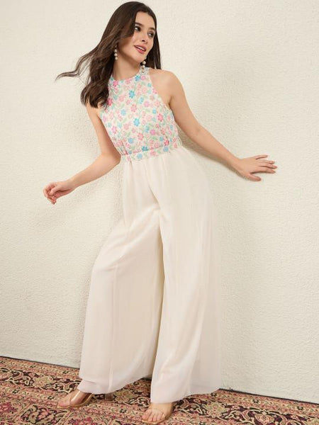 Embroidered Halter Neck Sleeveless Jumpsuit For Women, Indian Jumpsuit One Piece Dress, Fusion Indo Western Outfit VitansEthnics