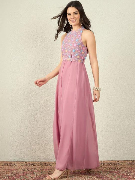 Embroidered Halter Neck Sleeveless Jumpsuit For Women, Indian Jumpsuit One Piece Dress, Fusion Indo Western Outfit VitansEthnics