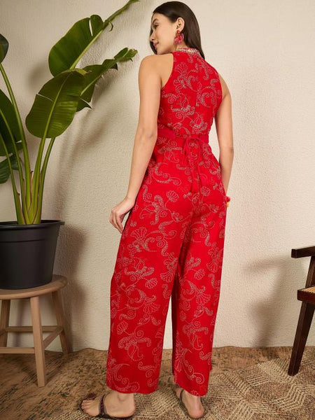 Ethnic Motifs Printed Halter Neck Sleeveless Jumpsuit For Women, Indian One Piece Dress, Fusion Indo Western Outfit VitansEthnics