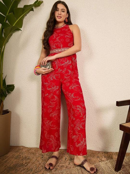 Ethnic Motifs Printed Halter Neck Sleeveless Jumpsuit For Women, Indian One Piece Dress, Fusion Indo Western Outfit VitansEthnics