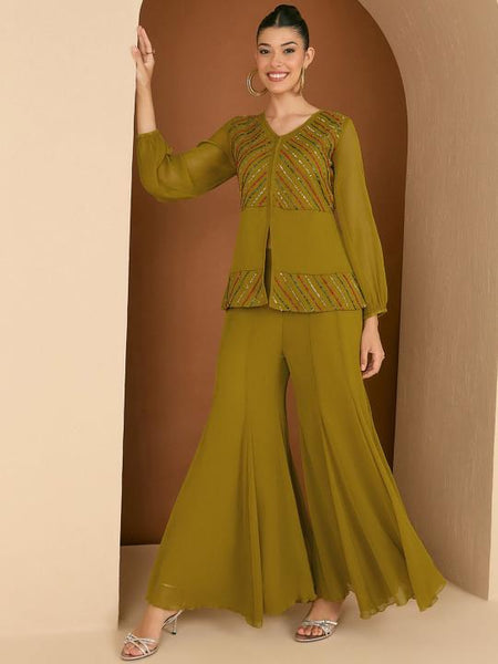 Embellished Top With Palazzo Co-Ords Set For Women, Fusion Indo Western Outfit, Ethnic Indian Wedding Guest Outfit VitansEthnics