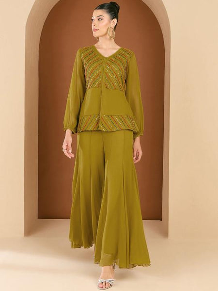 Embellished Top With Palazzo Co-Ords Set For Women, Fusion Indo Western Outfit, Ethnic Indian Wedding Guest Outfit VitansEthnics