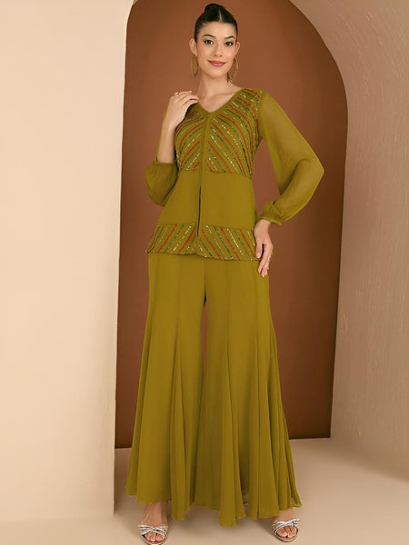 Embellished Top With Palazzo Co-Ords Set For Women, Fusion Indo Western Outfit, Ethnic Indian Wedding Guest Outfit VitansEthnics