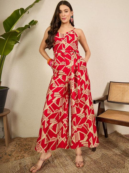 Indo Western Ethnic Print Viscose Jumpsuit, Sleeveless Indian One Piece Dress VitansEthnics