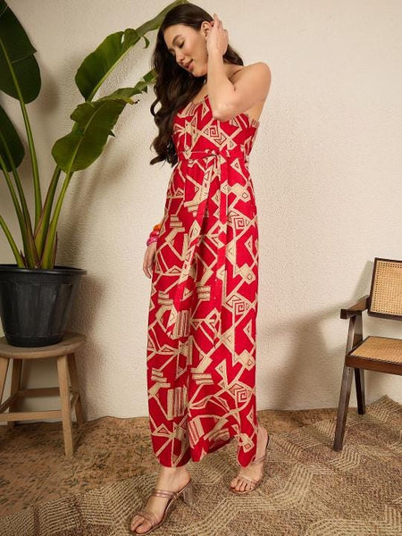 Indo Western Ethnic Print Viscose Jumpsuit, Sleeveless Indian One Piece Dress VitansEthnics