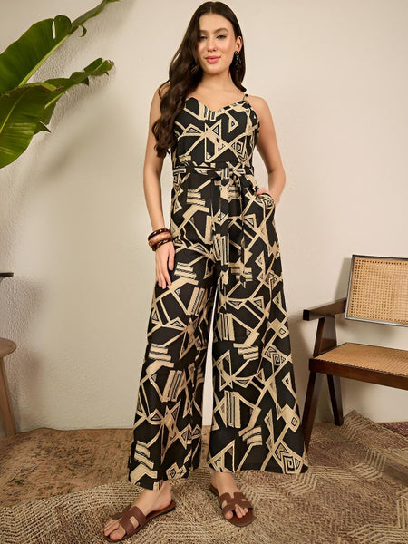 Indo Western Ethnic Print Viscose Jumpsuit, Sleeveless Indian One Piece Dress VitansEthnics