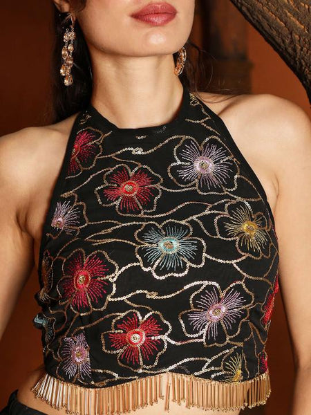 Floral Embroidered Crop Top Skirt Dupatta Set, Women's Indo Western Outfit VitansEthnics