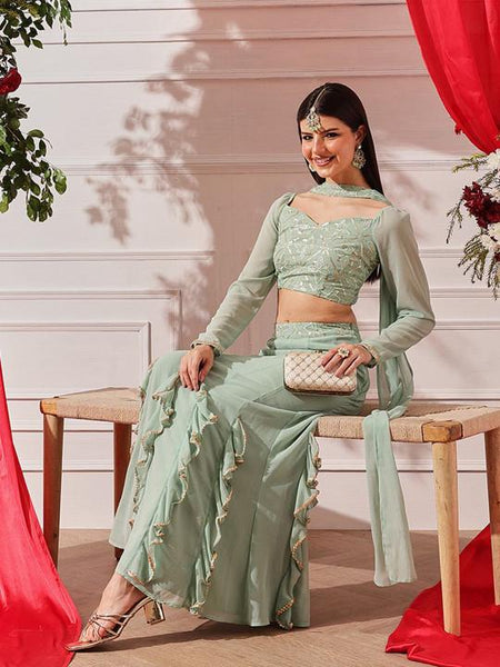 Embellished Indian Lehenga Choli Crop Top Skirt Dupatta Set, Indo Western Outfit VitansEthnics