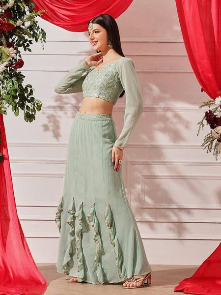 Embellished Indian Lehenga Choli Crop Top Skirt Dupatta Set, Indo Western Outfit VitansEthnics