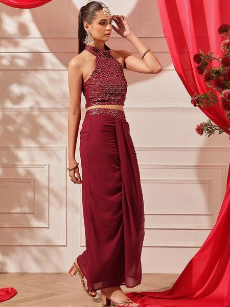 Embellished Indian Lehenga Choli, Halter Neck Crop Top Skirt Coord Set, Indo Western Outfit VitansEthnics