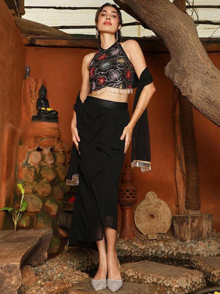 Floral Embroidered Crop Top Skirt Dupatta Set, Women's Indo Western Outfit VitansEthnics
